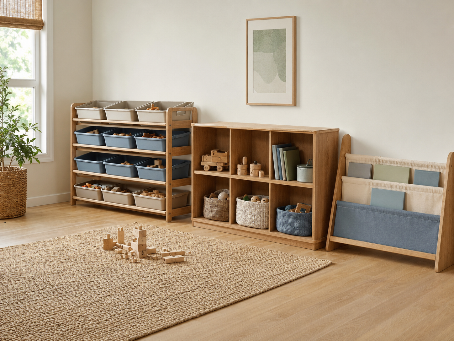 Open-reset playroom with removable toy bins, wooden cubbies, baskets, a front-facing book rack and a clear play area.