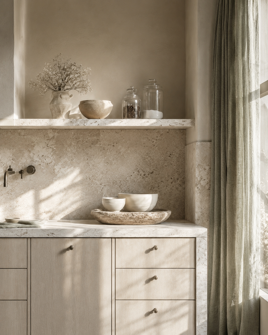 Organic modern kitchen with stone backsplash, ceramic bowls, glass jars, linen curtain, sage accents, and soft neutral decor