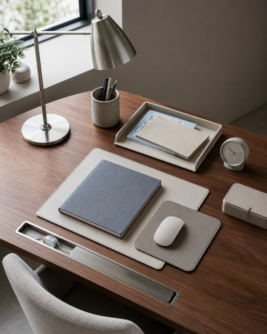 Organized walnut desktop with a desk mat, monitor stand, tray and cable management