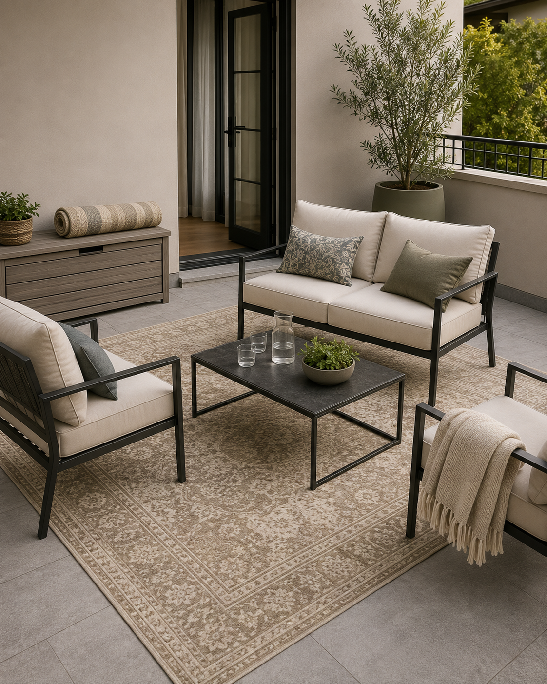 Large neutral outdoor rug anchoring a loveseat, two lounge chairs and a coffee table on a townhouse patio.