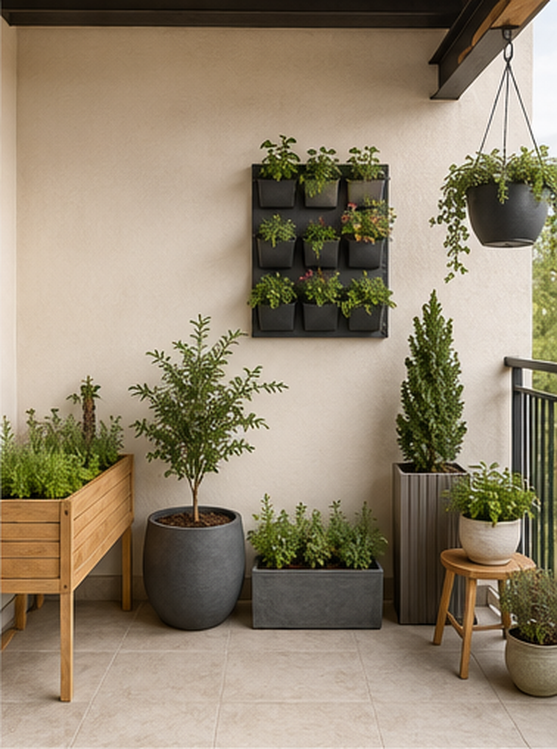 Outdoor planter display with raised bed, wall planters, hanging pot, plant stands and floor containers