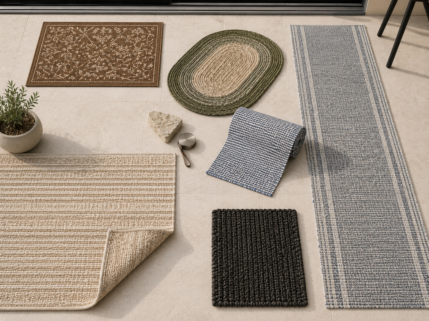Outdoor rug moodboard with rectangular, oval, runner and compact rug formats arranged on limestone tiles.