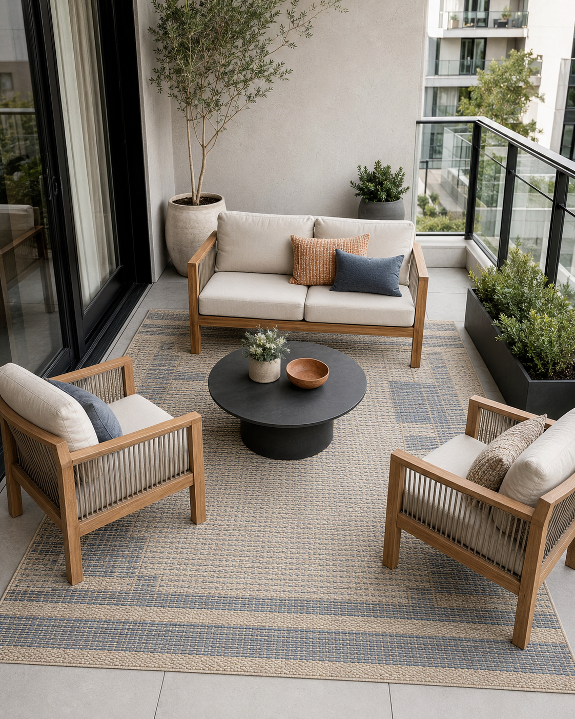 Blue and sand outdoor rug grounding a teak loveseat and two patio chairs