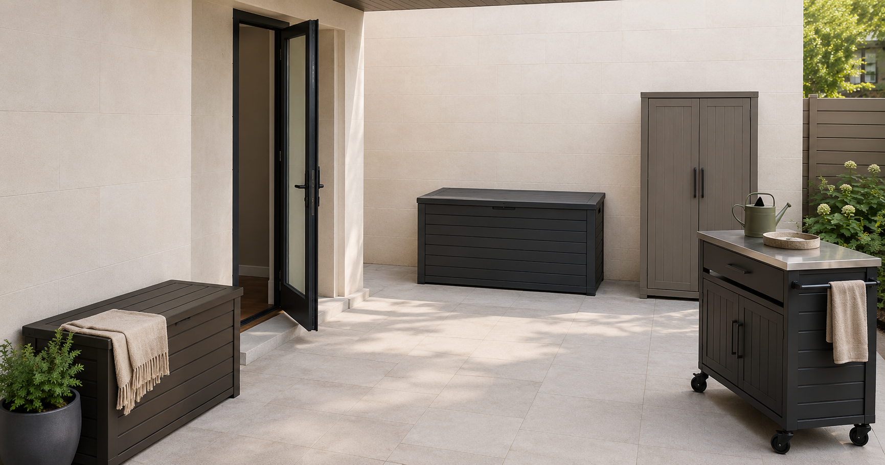 Organised outdoor storage patio with a storage bench, deck box, narrow cabinet and rolling cart around a clear central walkway.