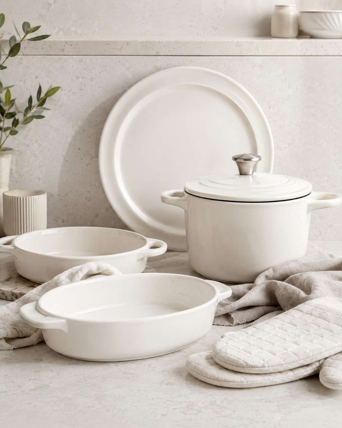 Oven-to-table bakeware scene with white ceramic baking dishes, cream Dutch oven, oven mitts, trivet and soft neutral kitchen styling.