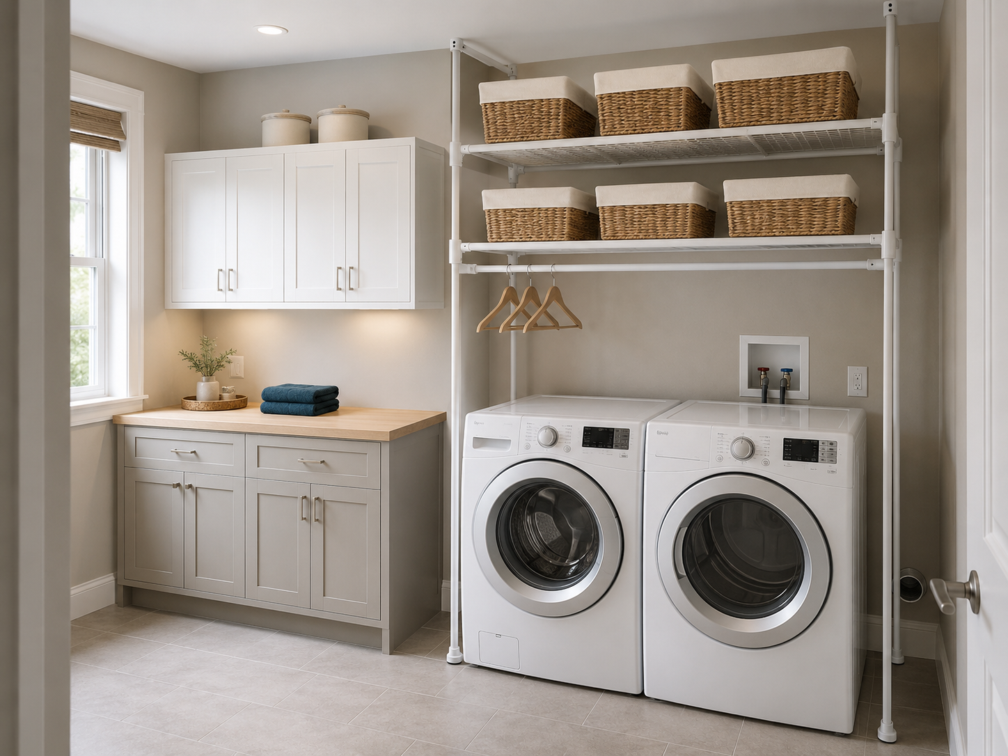 Front-loading washer and dryer beneath a freestanding storage rack with six woven baskets beside a white wall cabinet.