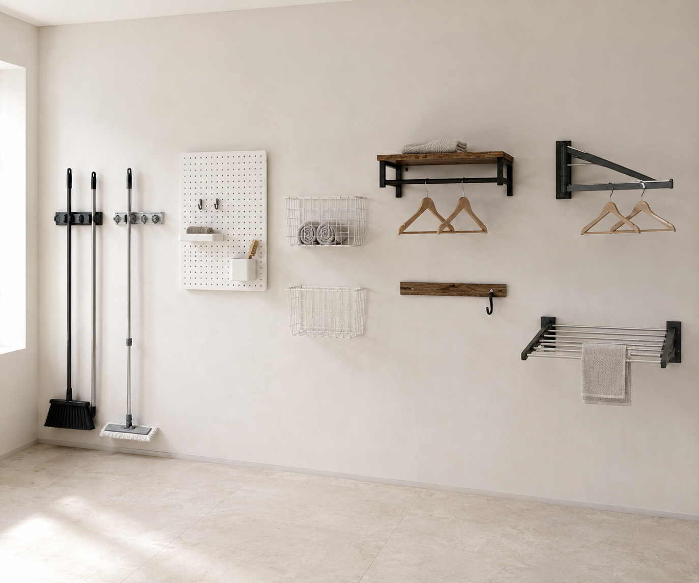 Utility wall displaying broom holders, a white pegboard, wire baskets, hanger rails and a partially opened drying rack.