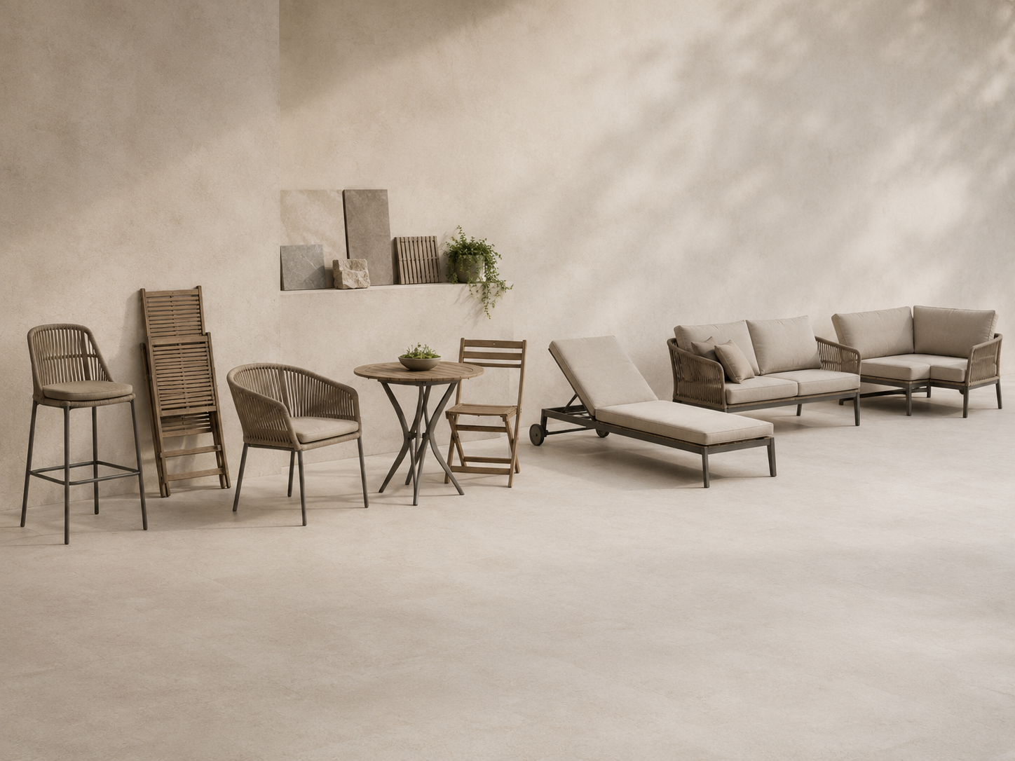 Outdoor furniture studio displaying a bar stool, folding chairs, bistro set, chaise lounge, sofa and modular sectional