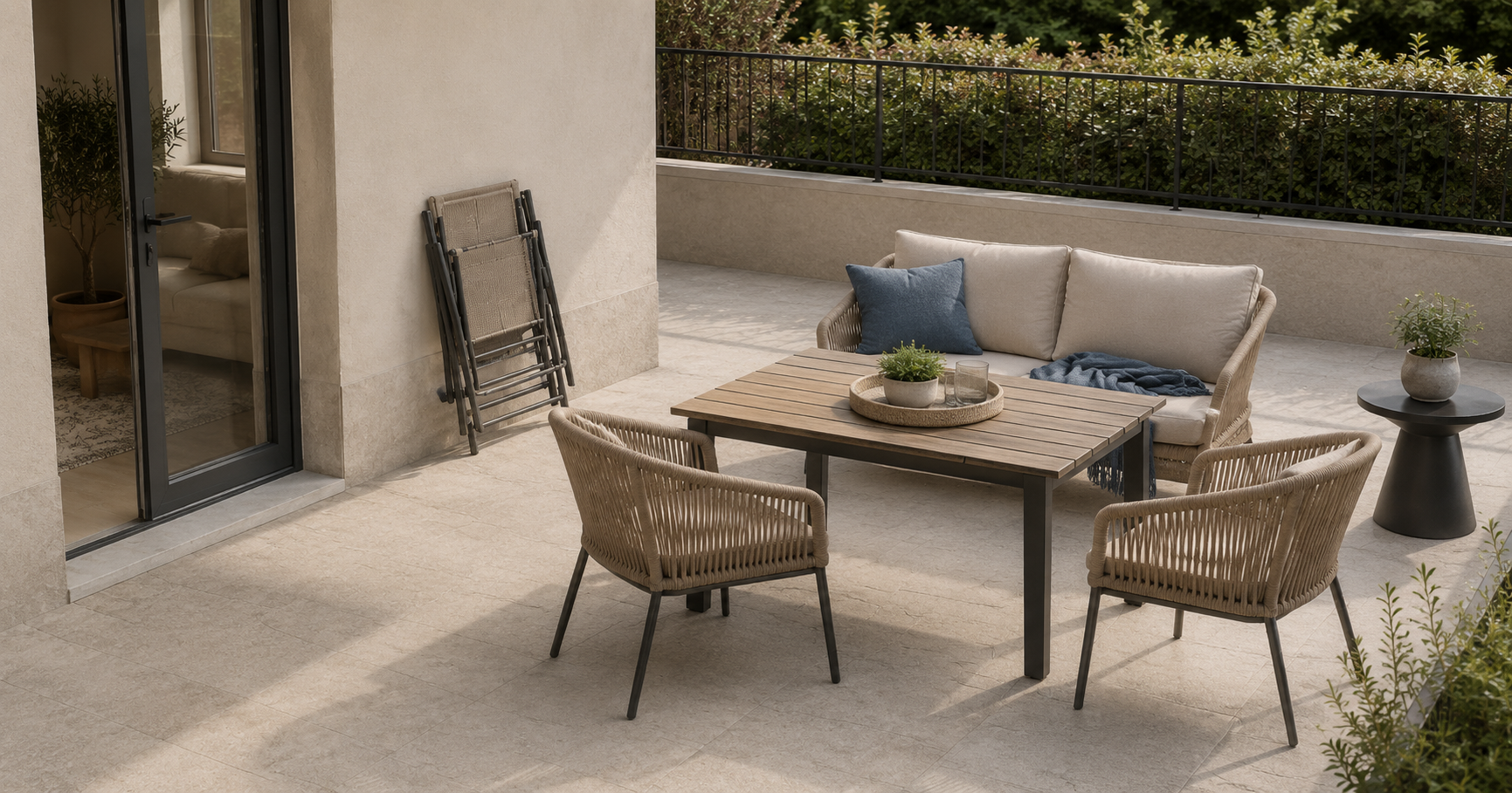 Coordinated patio furniture with woven chairs, outdoor table, cushioned sofa, side table and folded seating near an open doorway