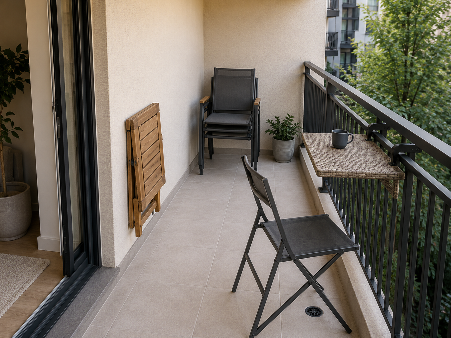 Narrow balcony with a folded acacia table, railing table, slim folding chair and neatly stacked outdoor chairs.