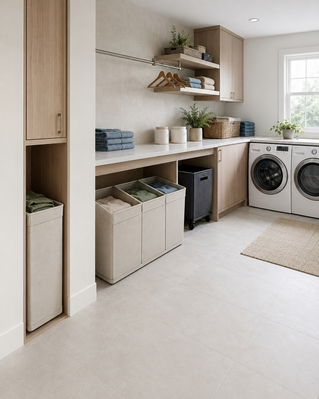 Laundry room workflow with sorting hampers, washing machines, drying rails, folding counters and a clear walkway