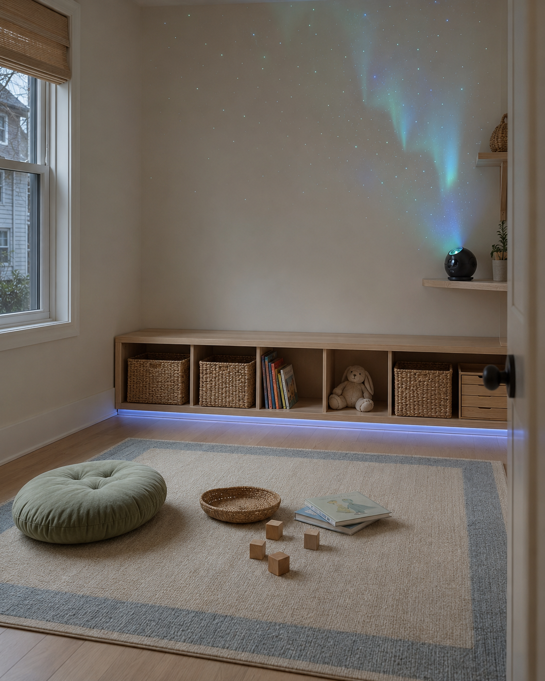 Kids playroom with a star projector and concealed blue LED strip beneath low storage.