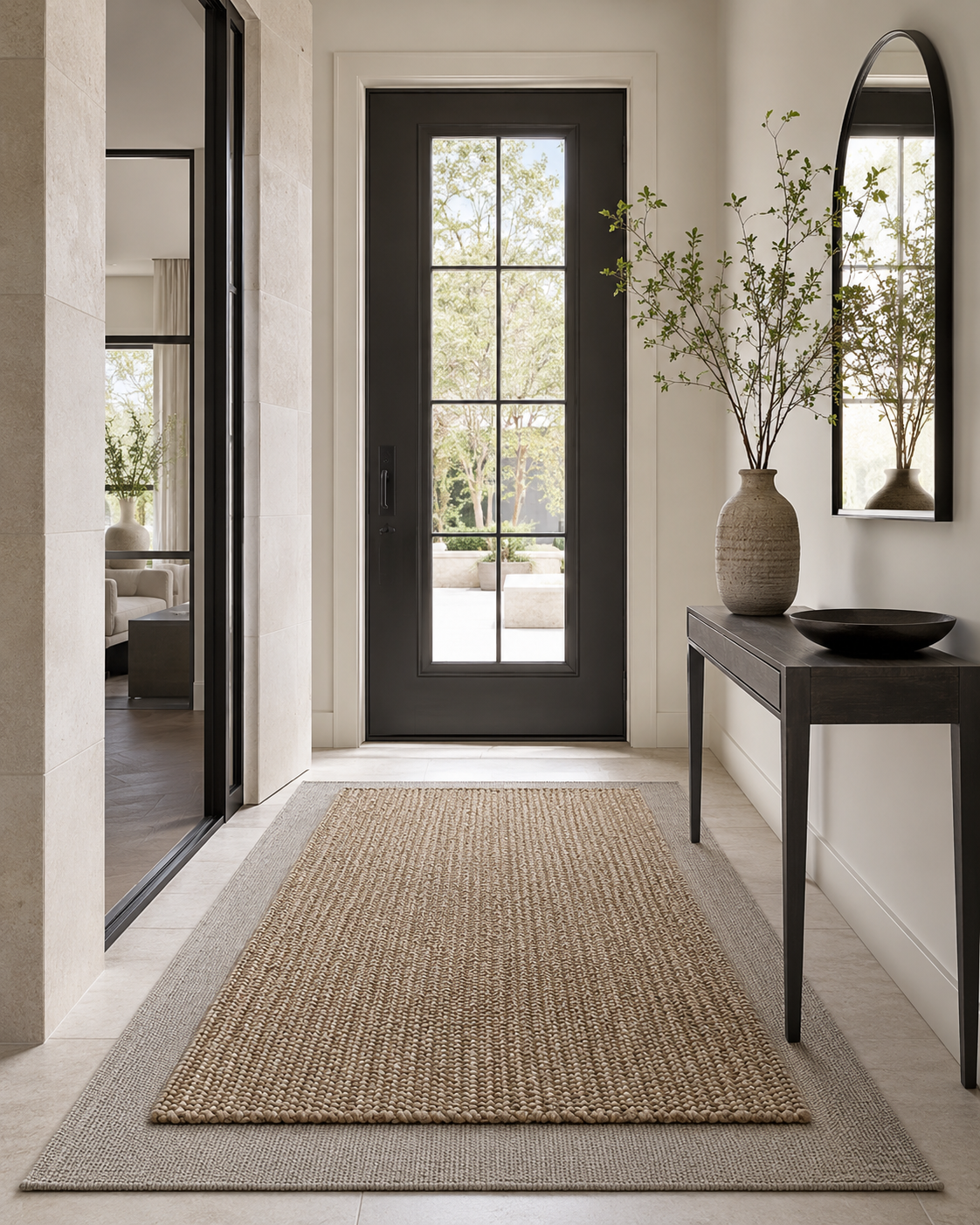 Polished front entry with layered neutral rugs, black door and slim console table