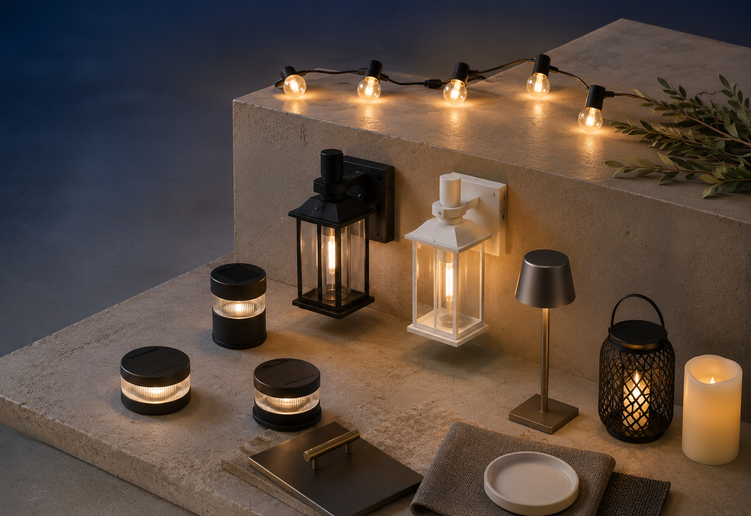 Balcony lighting moodboard with string bulbs, solar deck lights, wall lanterns, cordless lamp and LED candle.