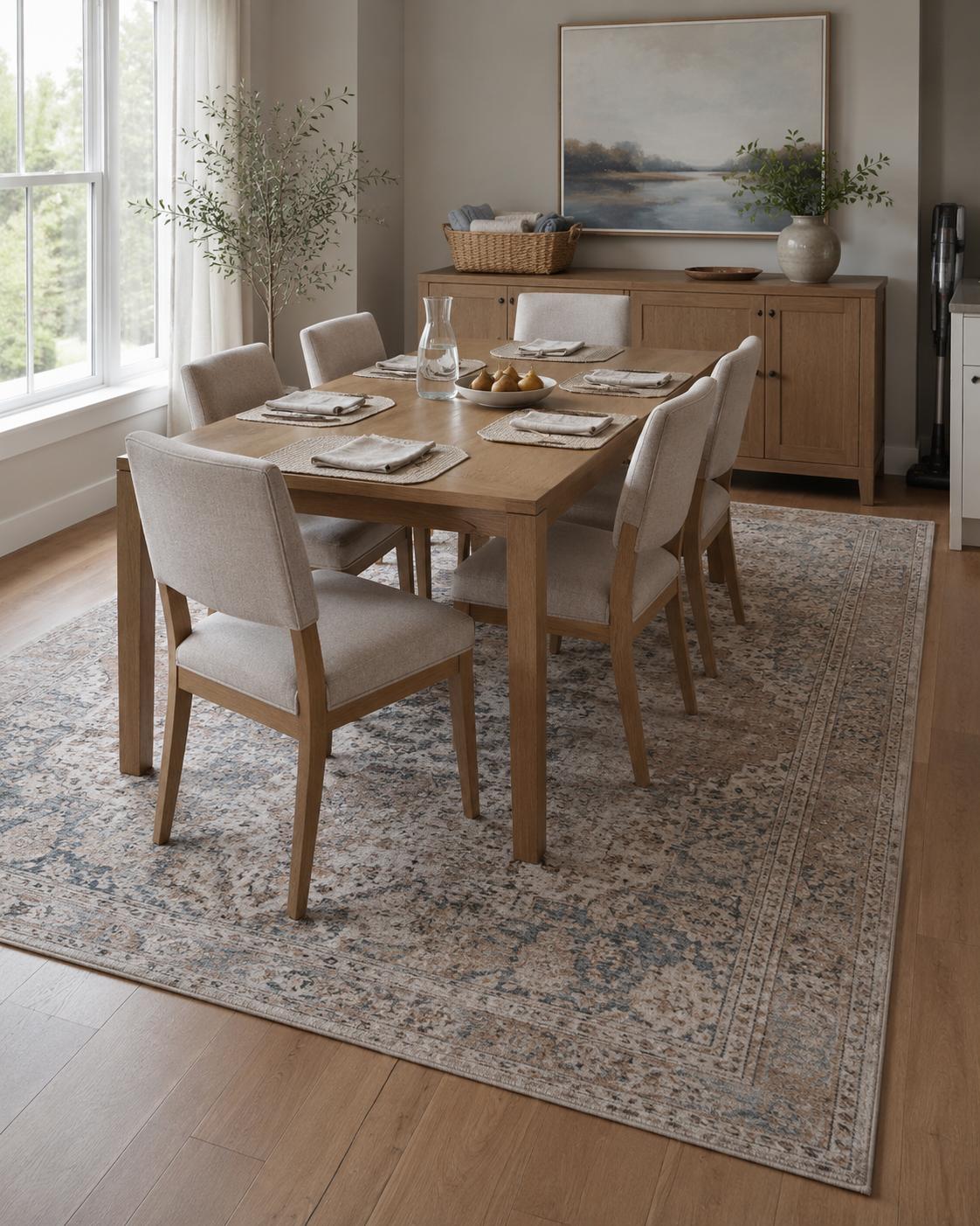 Everyday six-seat dining room with a large low-profile washable-style rug in taupe and blue