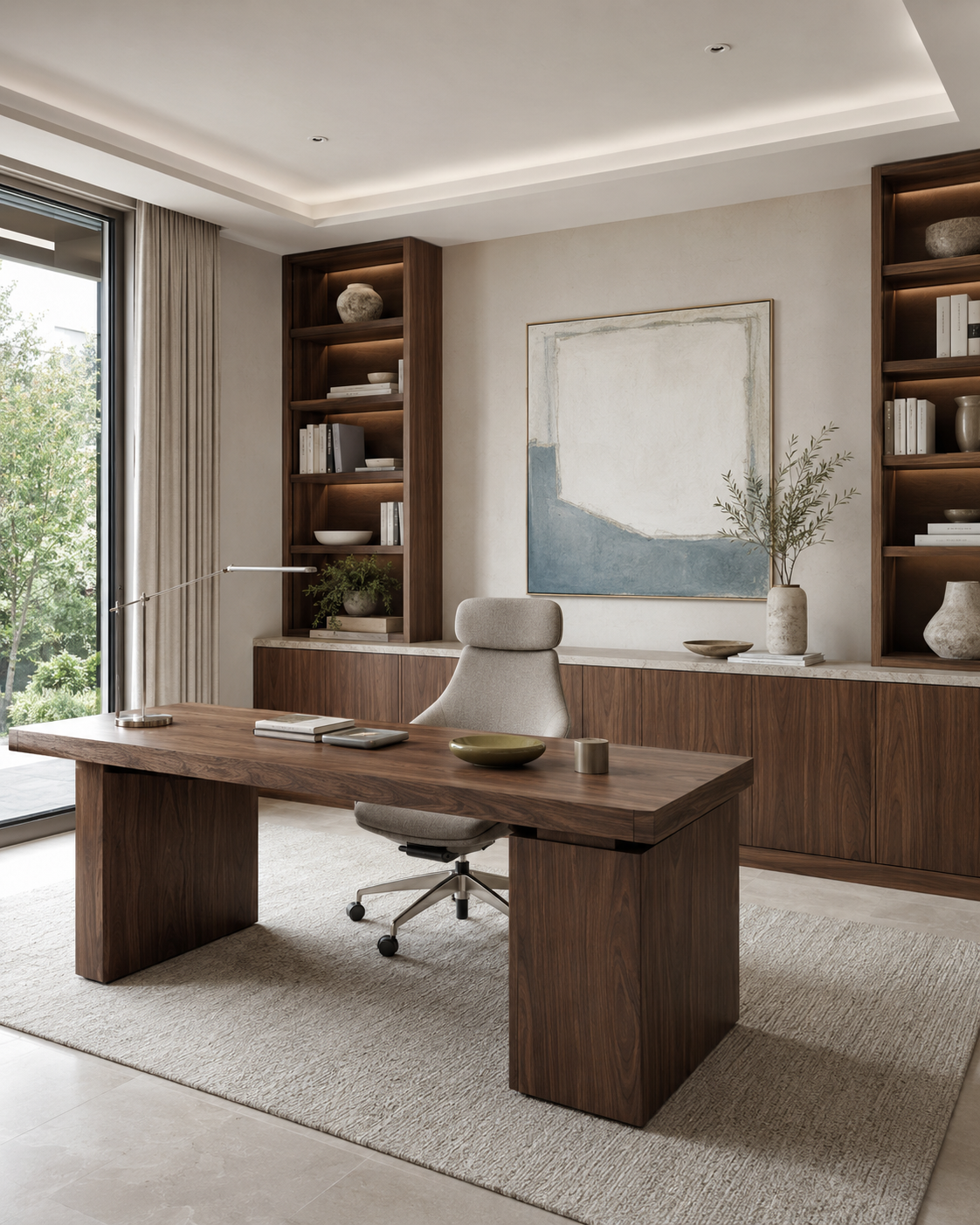 Premium home office foundation with a walnut desk, supportive chair and coordinated storage