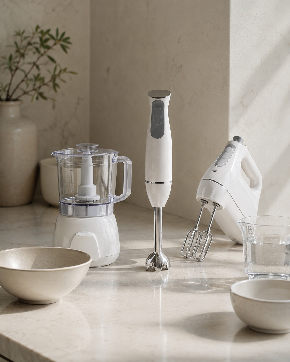 Mini food processor, immersion blender and white hand mixer styled for compact kitchen prep