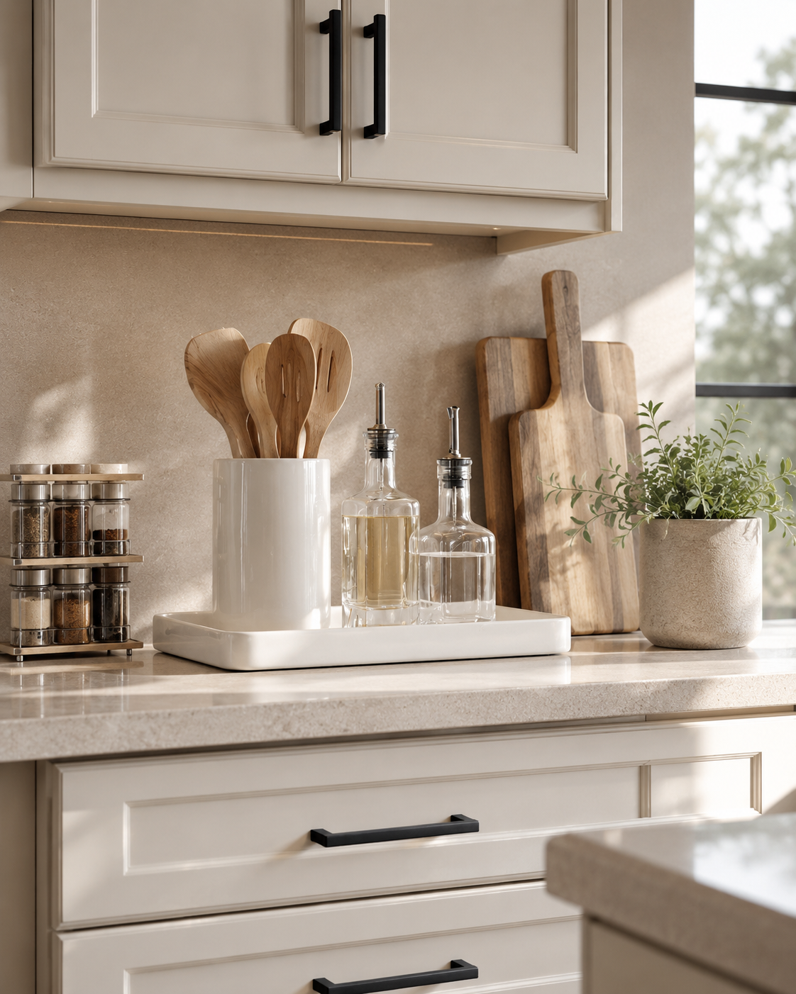 Organized kitchen prep counter with ceramic utensil holder, oil dispensers, spice rack, tray, and cutting board stand.