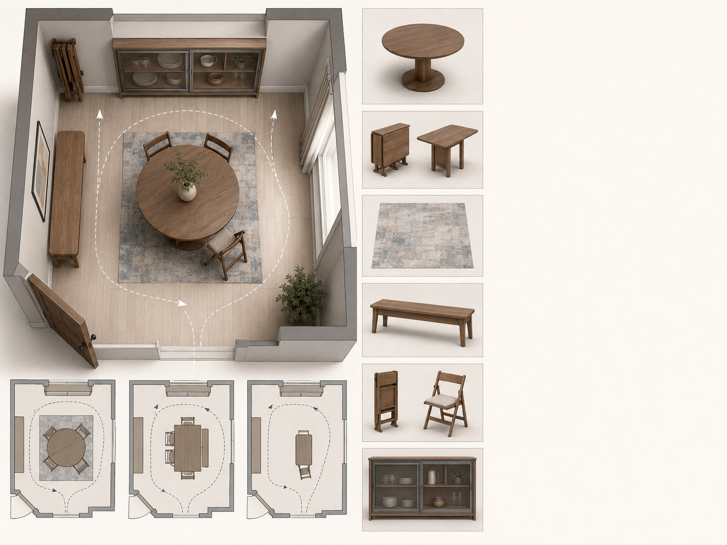 Small dining room floor plan showing table shapes, folding furniture, bench seating, rug placement and walkway clearance