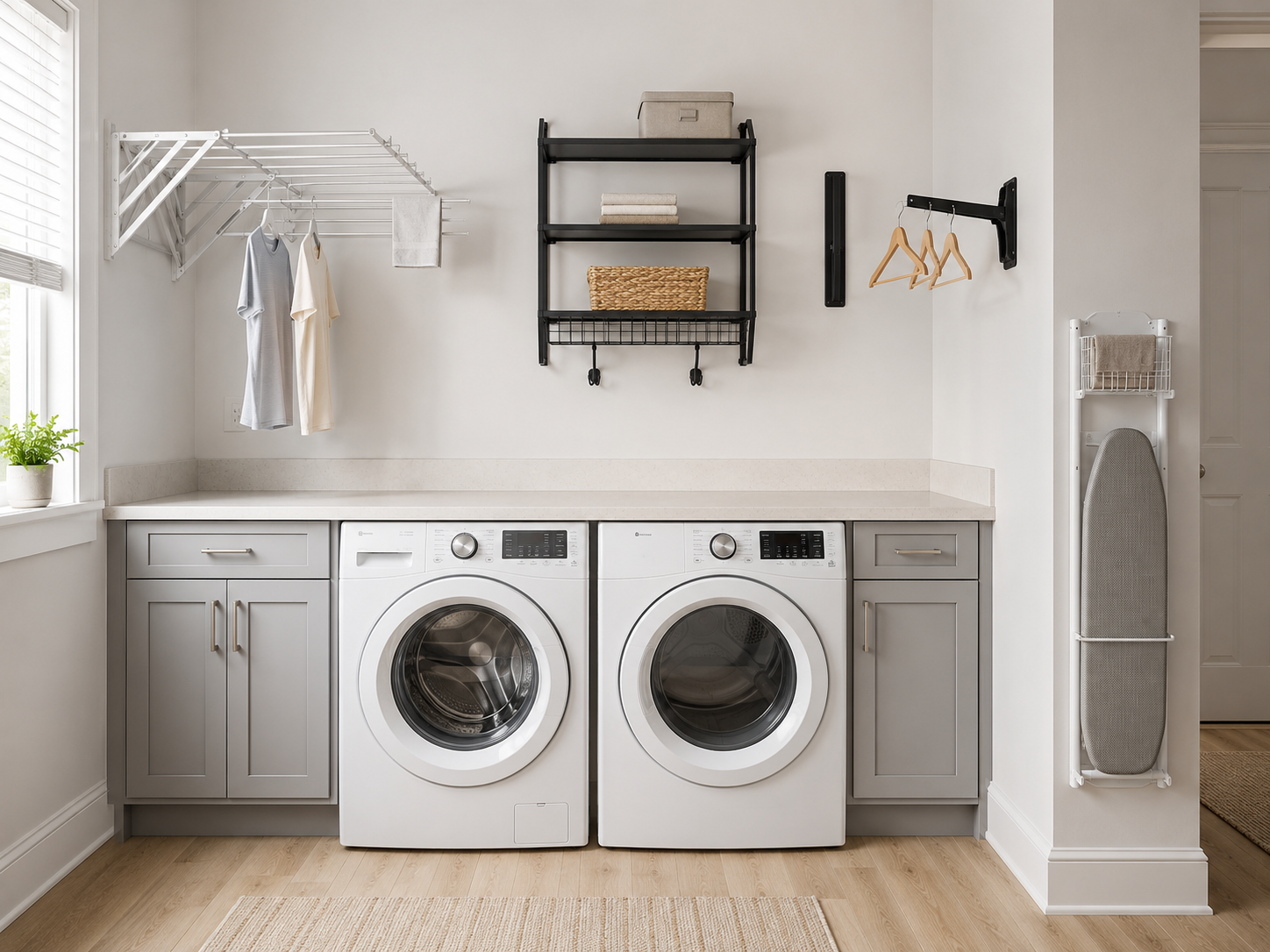 White drying rack, black laundry shelves, fold-away hanger arm and ironing-board holder organized above front-loading laundry appliances.