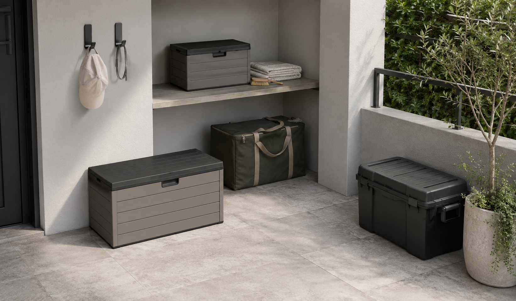Sheltered patio nook with two compact deck boxes, a cushion-storage bag, portable lidded bin and lightweight items on outdoor hooks.