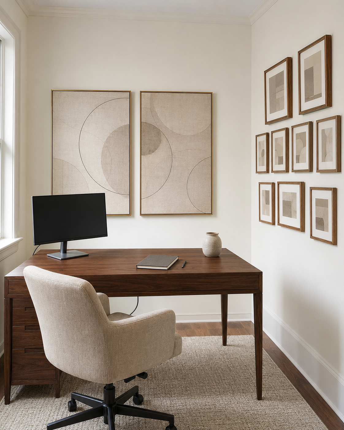 Calm walnut home office with two large abstract canvases and a coordinated ten-frame gallery wall.