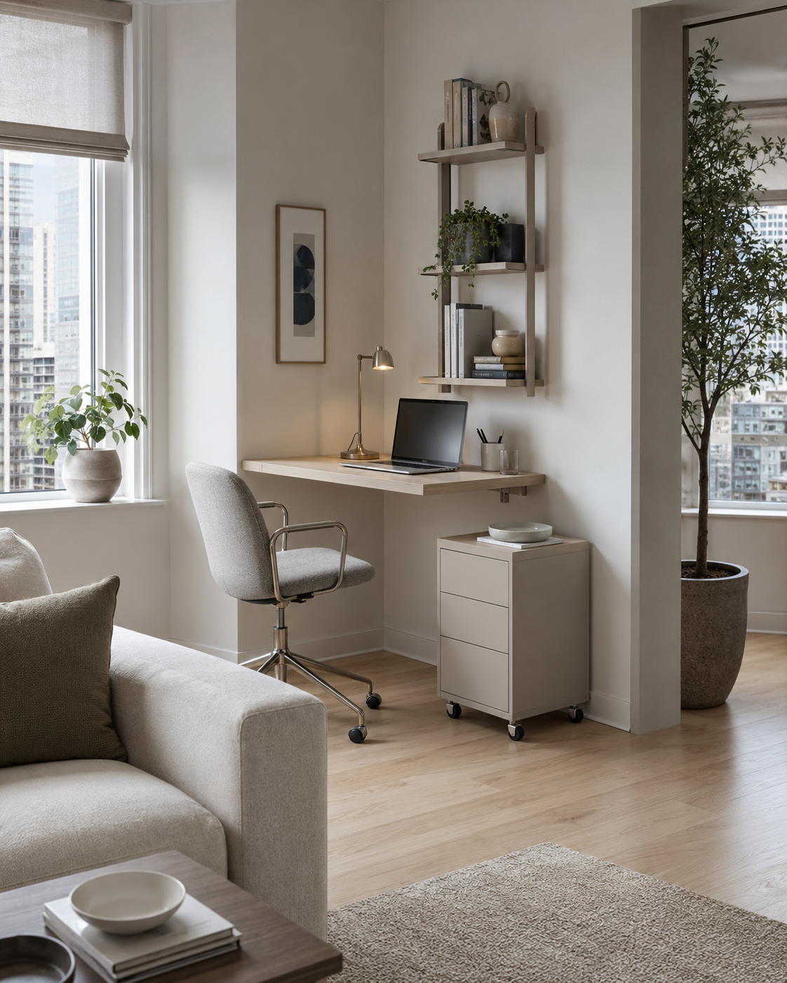 Quiet minimal home office with pale oak, warm ivory and concealed storage
