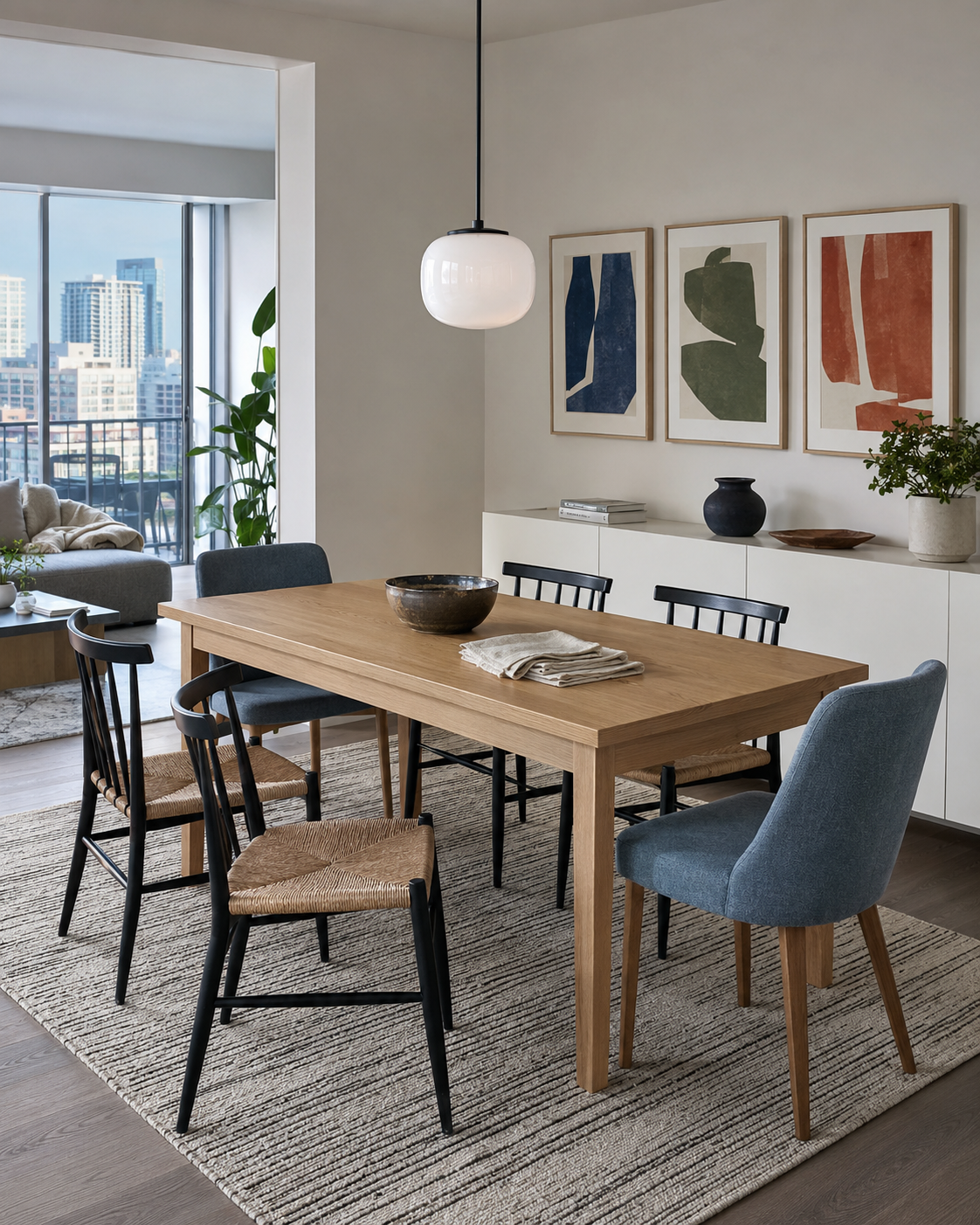 Quiet modern city dining room with an oak table, woven black chairs, dusty blue seating and contemporary artwork