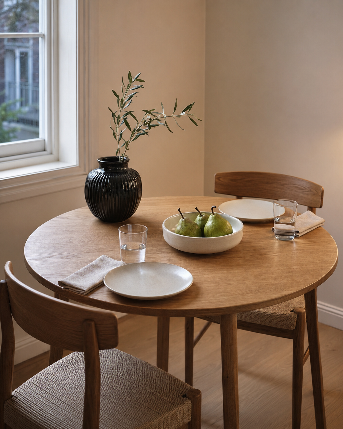 Round two-person dining table with a black ribbed vase, olive branches and a white bowl of green pears