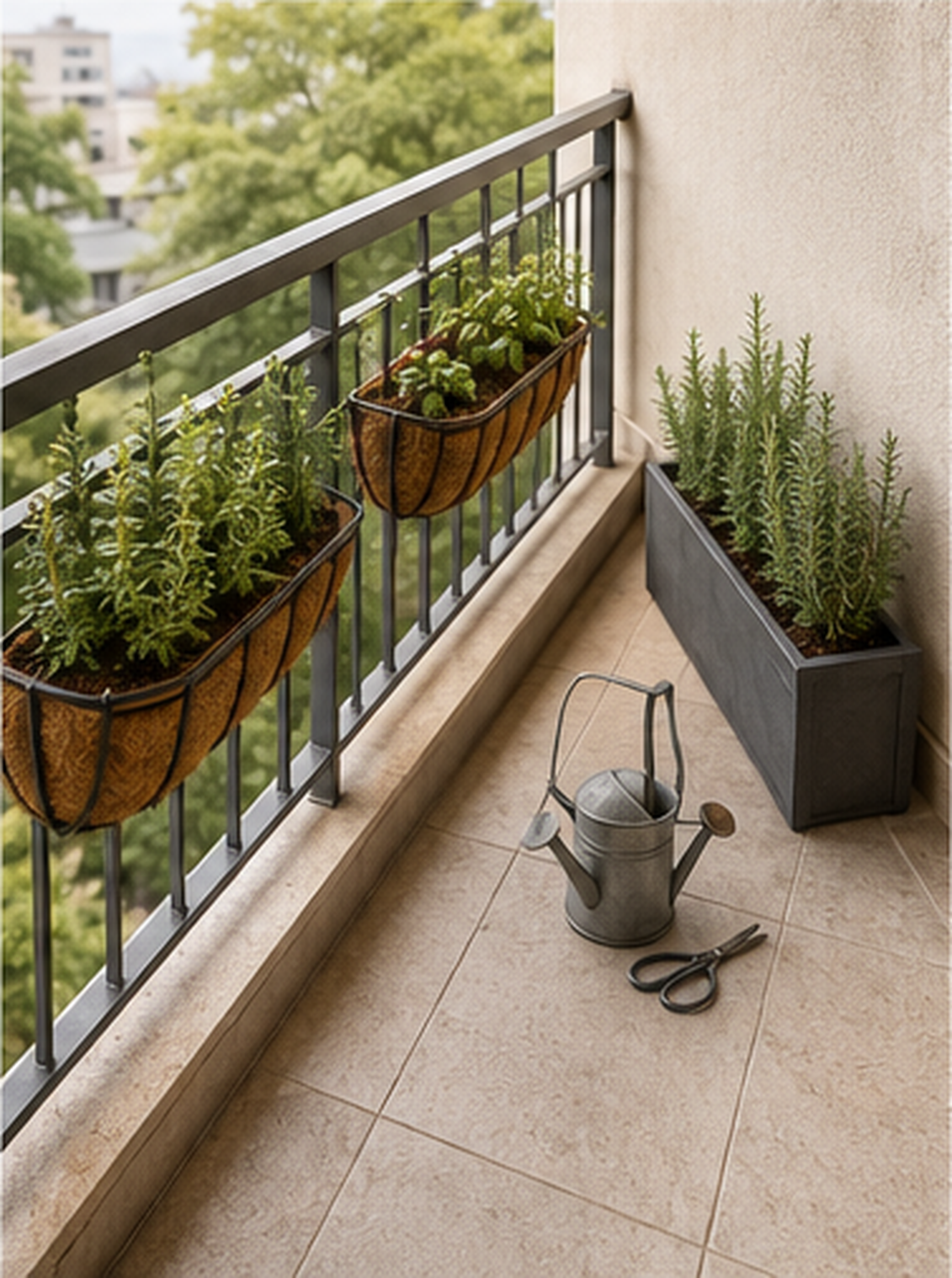 Narrow balcony with coco-lined railing planters, herbs and a long rectangular planter box