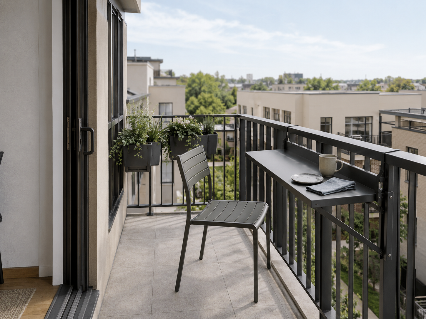 Slim aluminium railing table with a chair, ceramic cup, plate and metal railing planters on a narrow apartment balcony.