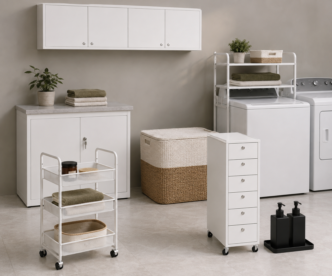 Laundry storage moodboard with a rolling cart, six-drawer unit, woven basket, wall cabinet, shelf rack and black dispensers.