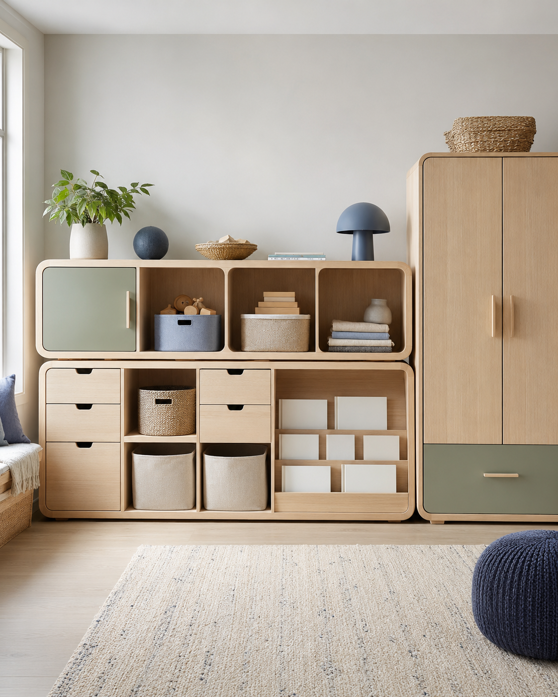 Low kids room storage unit with woven baskets, open compartments and an uncluttered play area