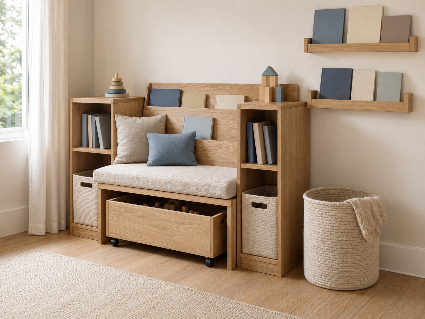 Wooden kids reading nook with a cushioned bench, open book cubbies, wall ledges, rolling toy box and large rope basket.