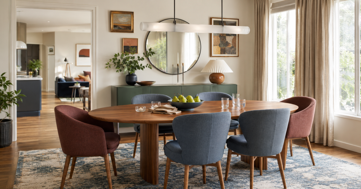 Balanced dining room with table, chairs, lighting, rug, curtains and wall decor