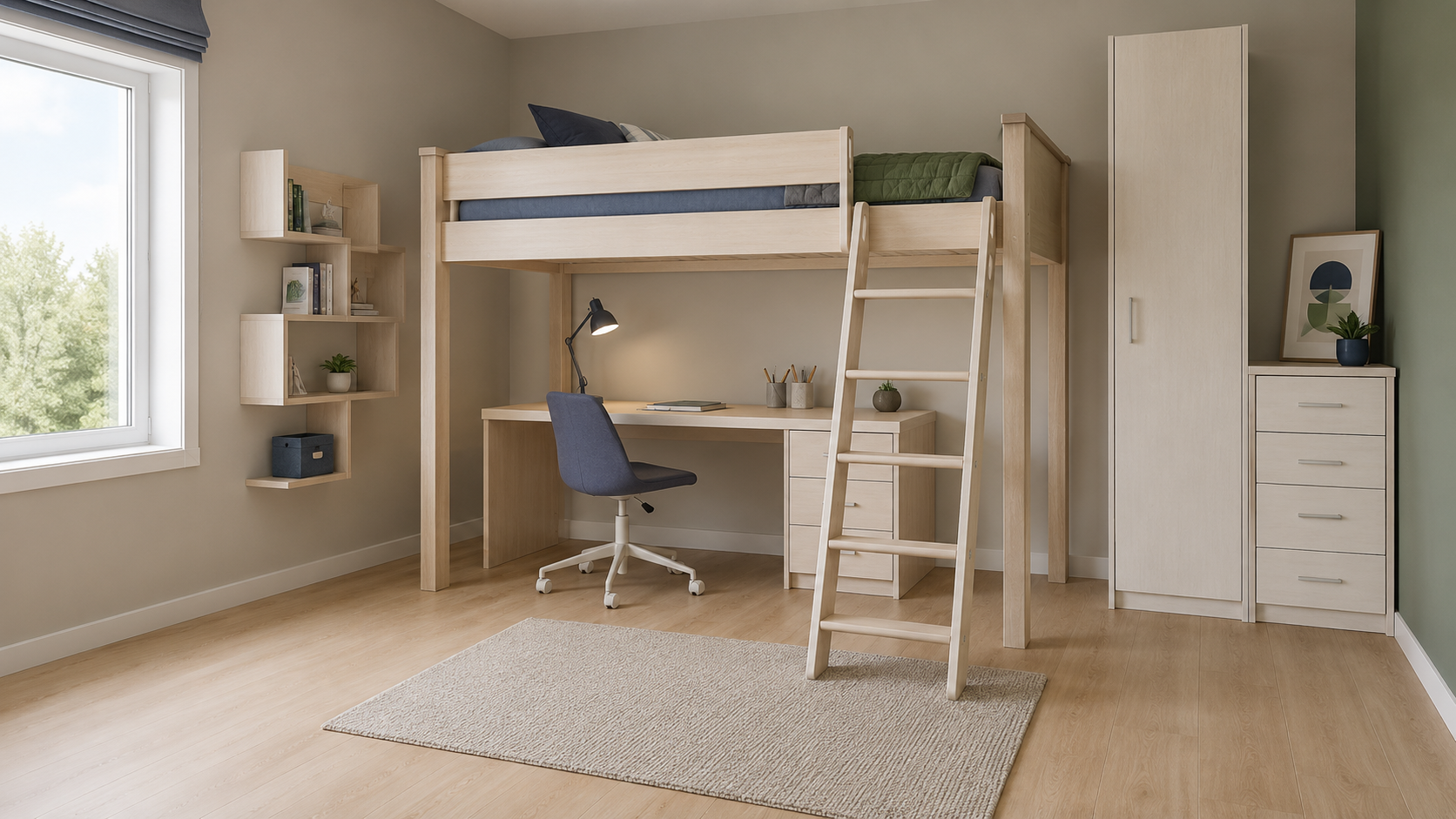 Small kids room solutions with a pale oak loft bed, study desk, wall shelves, slim storage tower and open central floor space.
