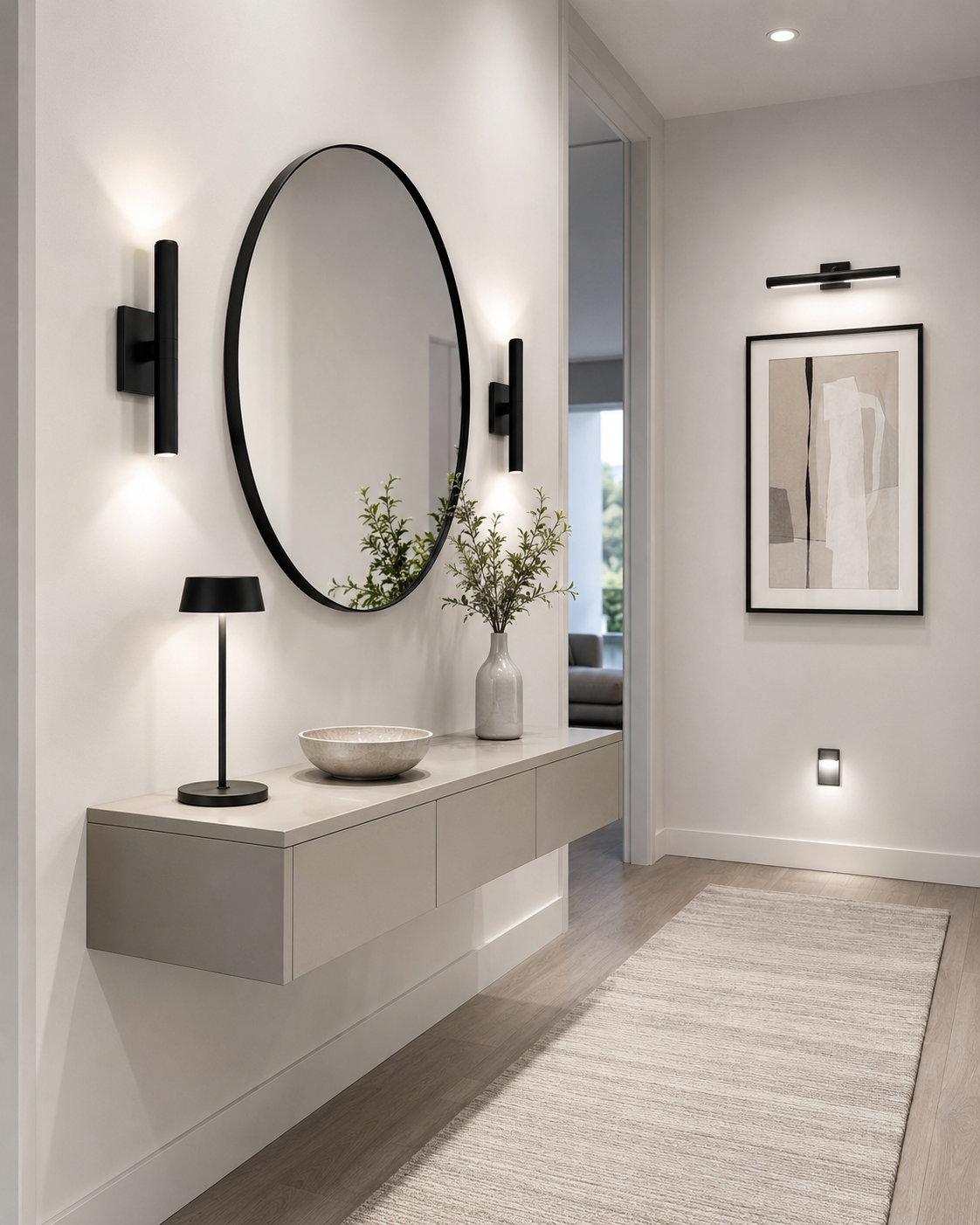 Rental-friendly modern entryway with wireless wall sconces, picture light, mirror, and cordless lamp