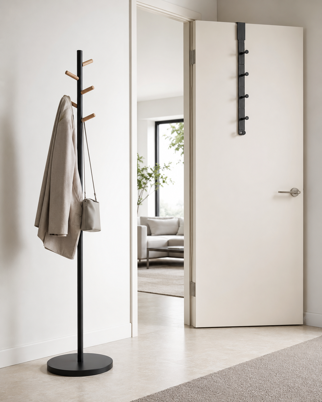 Rental entryway with freestanding black and wood coat rack plus an over-the-door hook organizer