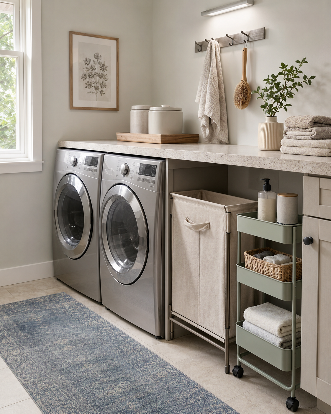 Budget-friendly laundry room with a divided hamper, slim rolling cart, wall hooks and organized countertop