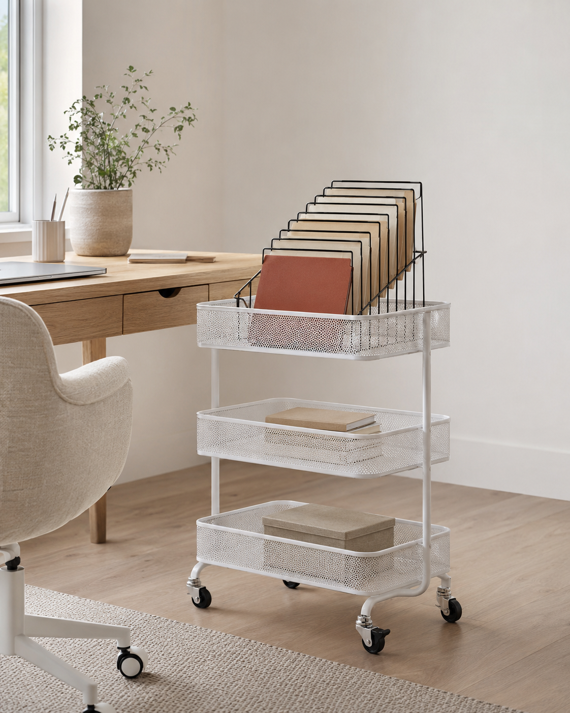 White three-tier rolling cart with an inclined black document holder beside a light wood home office desk.