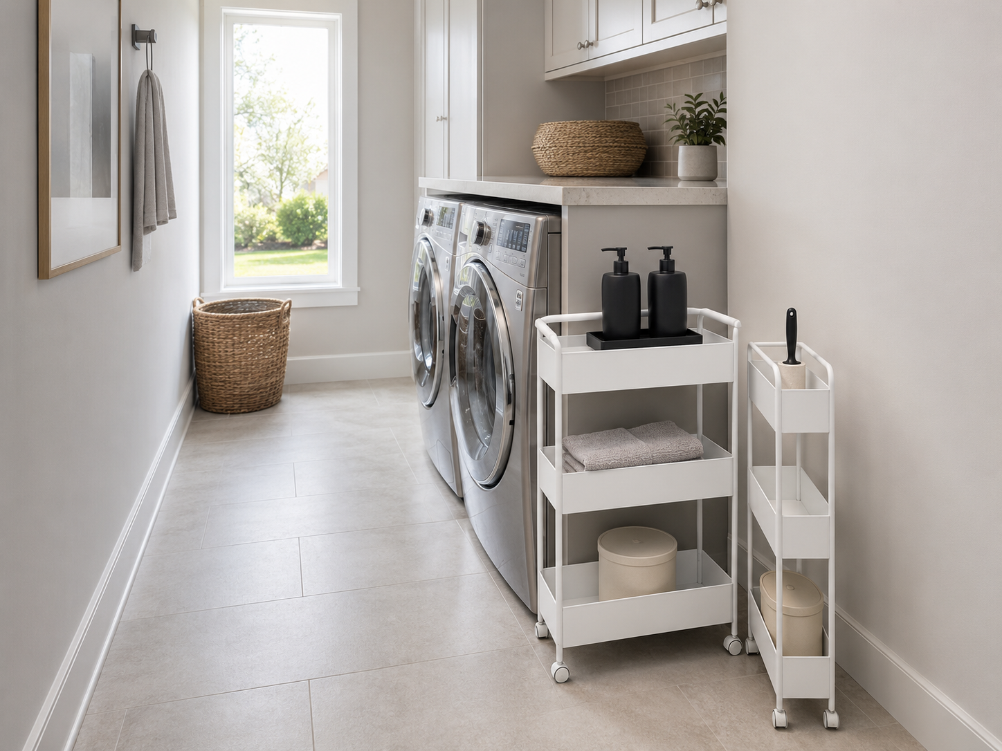 Narrow laundry room with two white rolling carts and two black dispensers beside front-loading appliances.