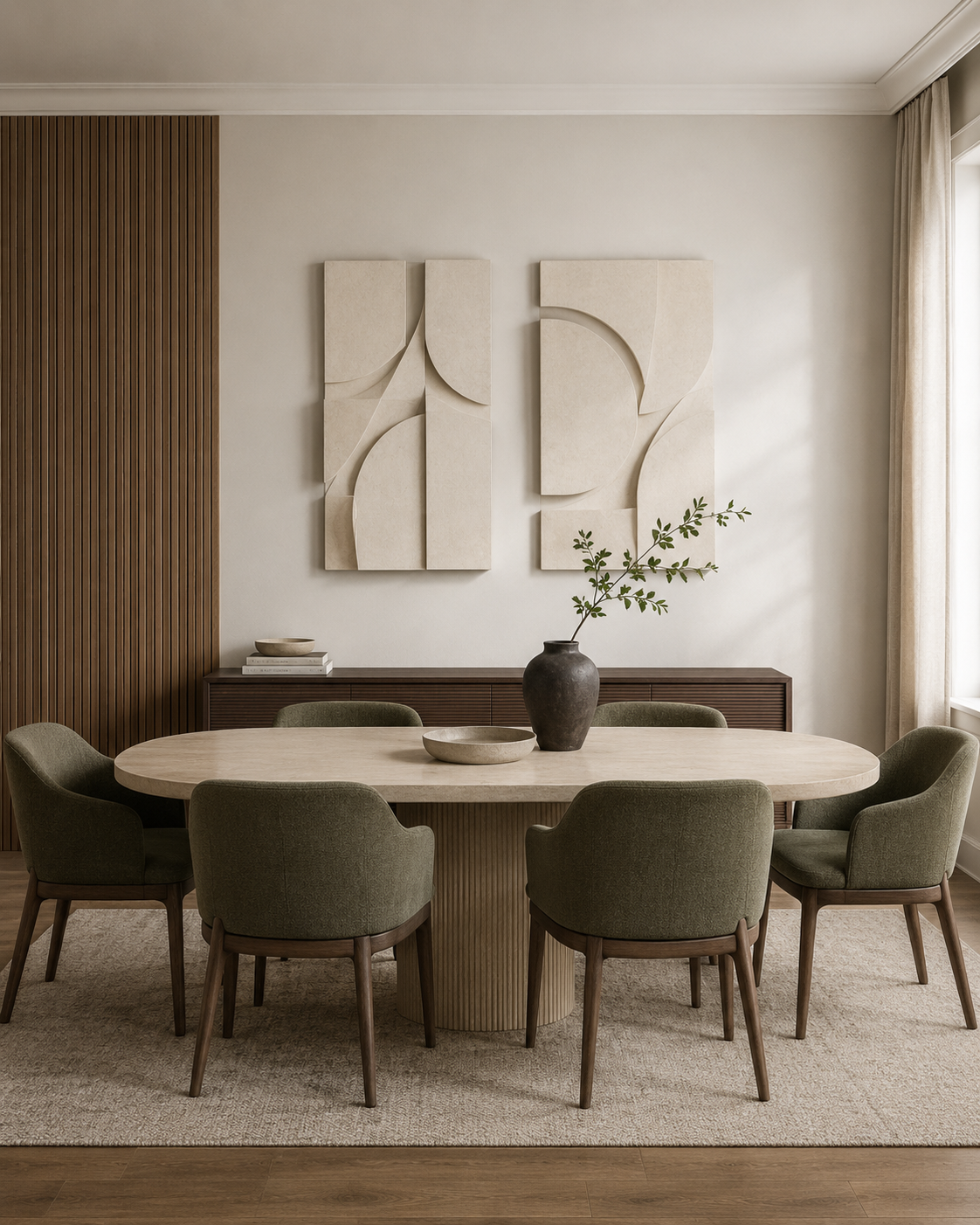 Contemporary dining room with cream geometric wall sculptures, vertical wood slats and muted olive dining chairs.
