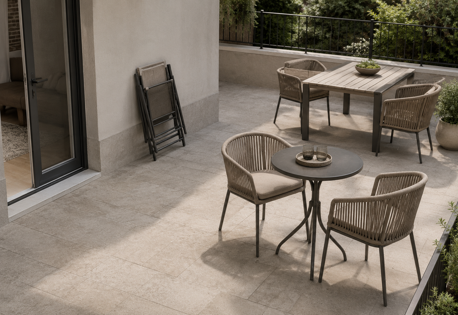 Patio furniture arranged around a clear doorway with a compact bistro set, woven dining chairs, outdoor table and folded chairs