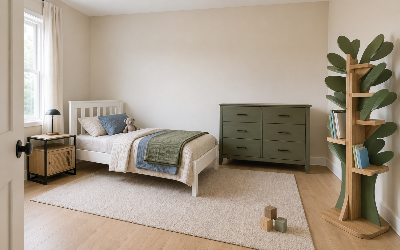 Kids room furniture arrangement with a white twin bed, olive dresser, tree bookcase and cane nightstand