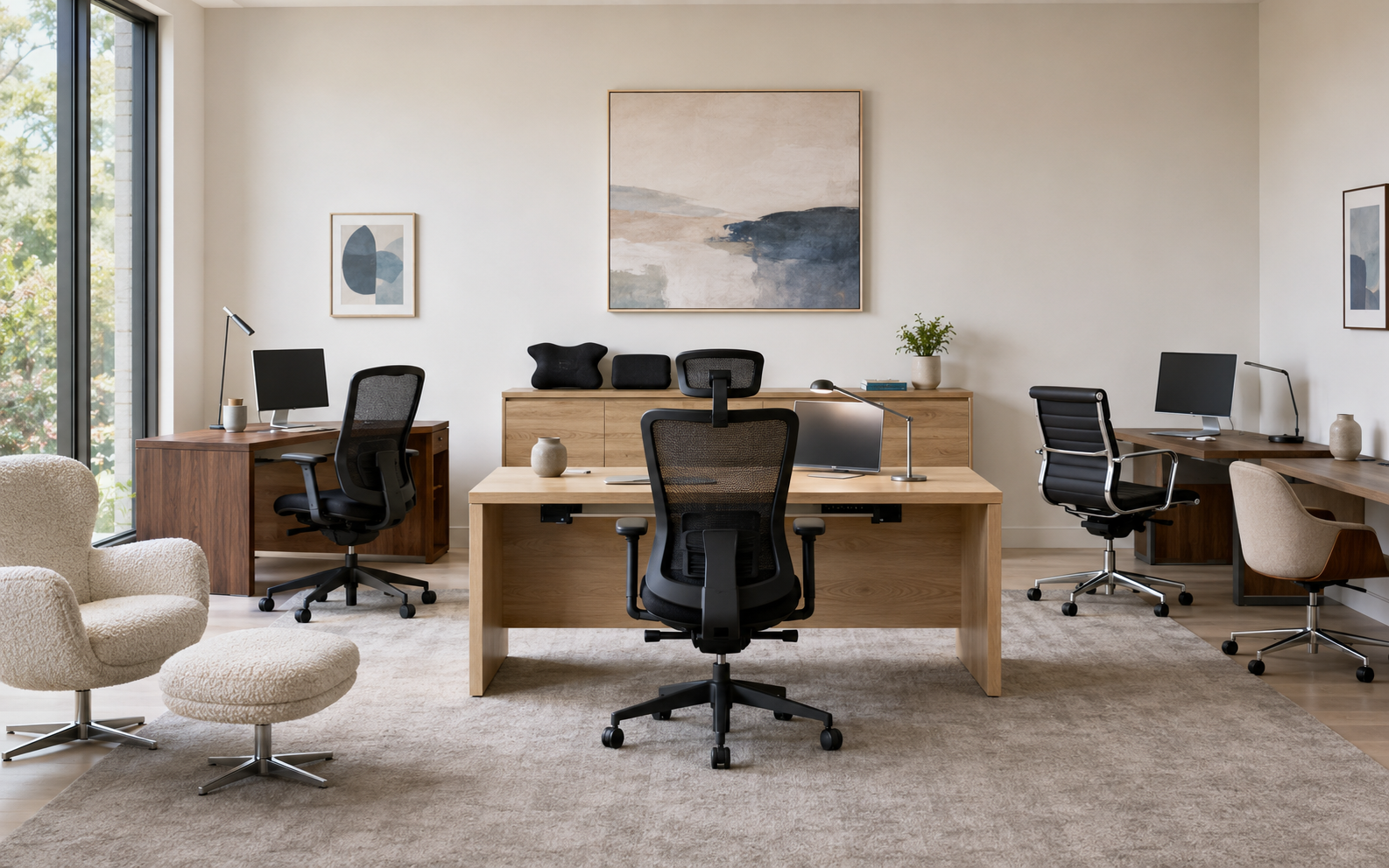 Home office chairs arranged across a spacious workspace with mesh, padded, armless and accent seating.