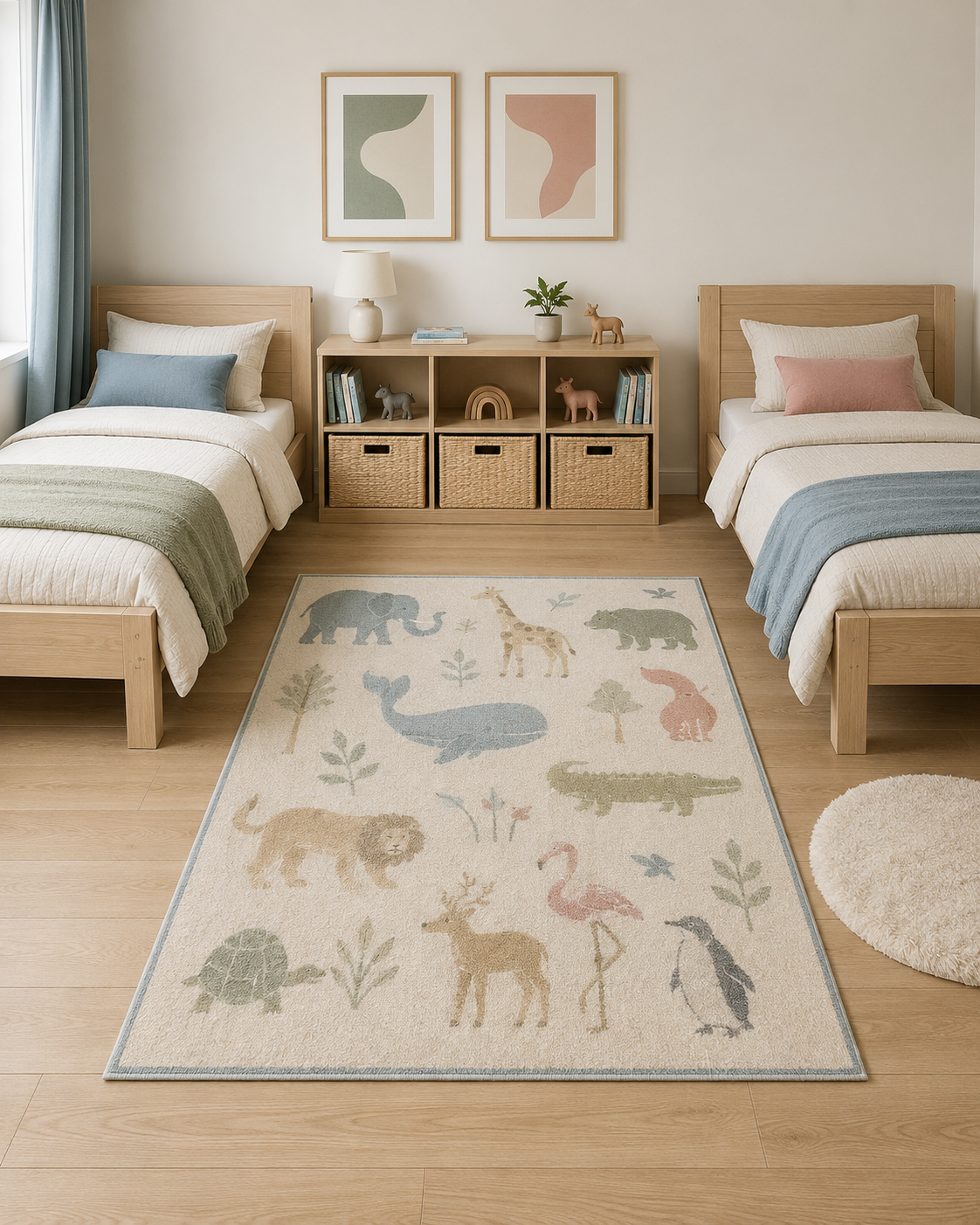 Shared kids bedroom with two pale oak beds, a central animal-pattern rug and a small round bedside rug.