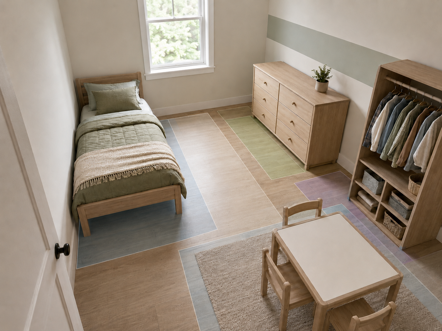 Shared kids room with a white bunk bed, double wardrobe and clear central walkway