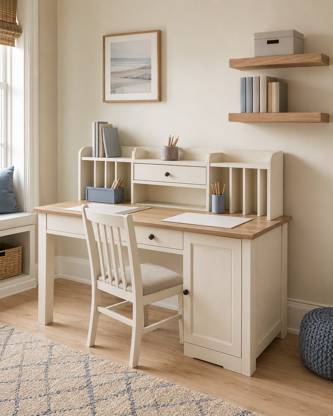 Warm white study desk with two organized work zones and natural wood floating shelves