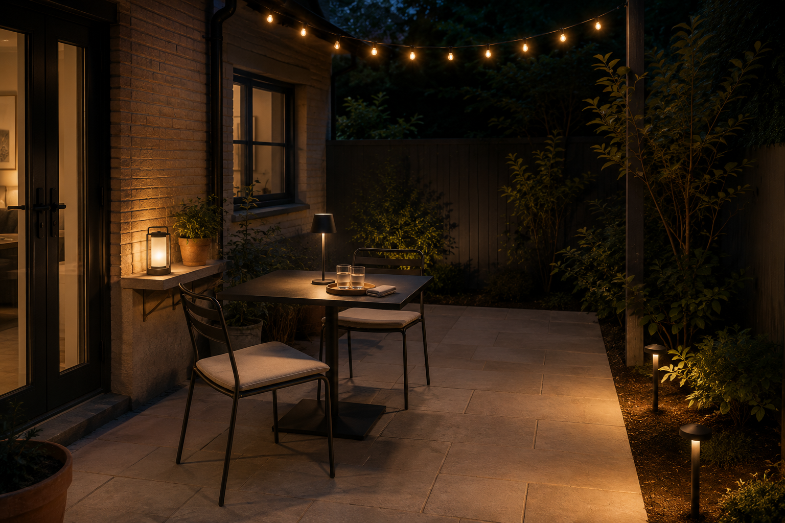 Evening patio with string lights, cordless table lamp, portable lantern and low solar pathway lights.