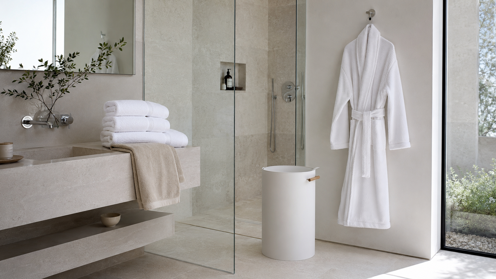 Finished contemporary bathroom styled with substantial soft towels and coordinated textile layers.